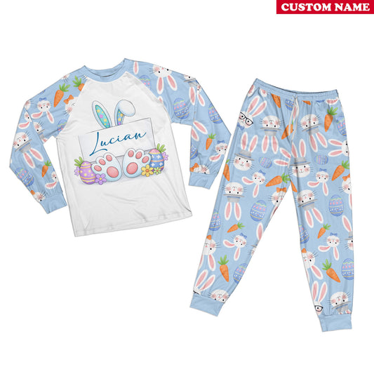 Matching family pajamas with easter bunny, eggs, carrots pajama set design in blue, front view