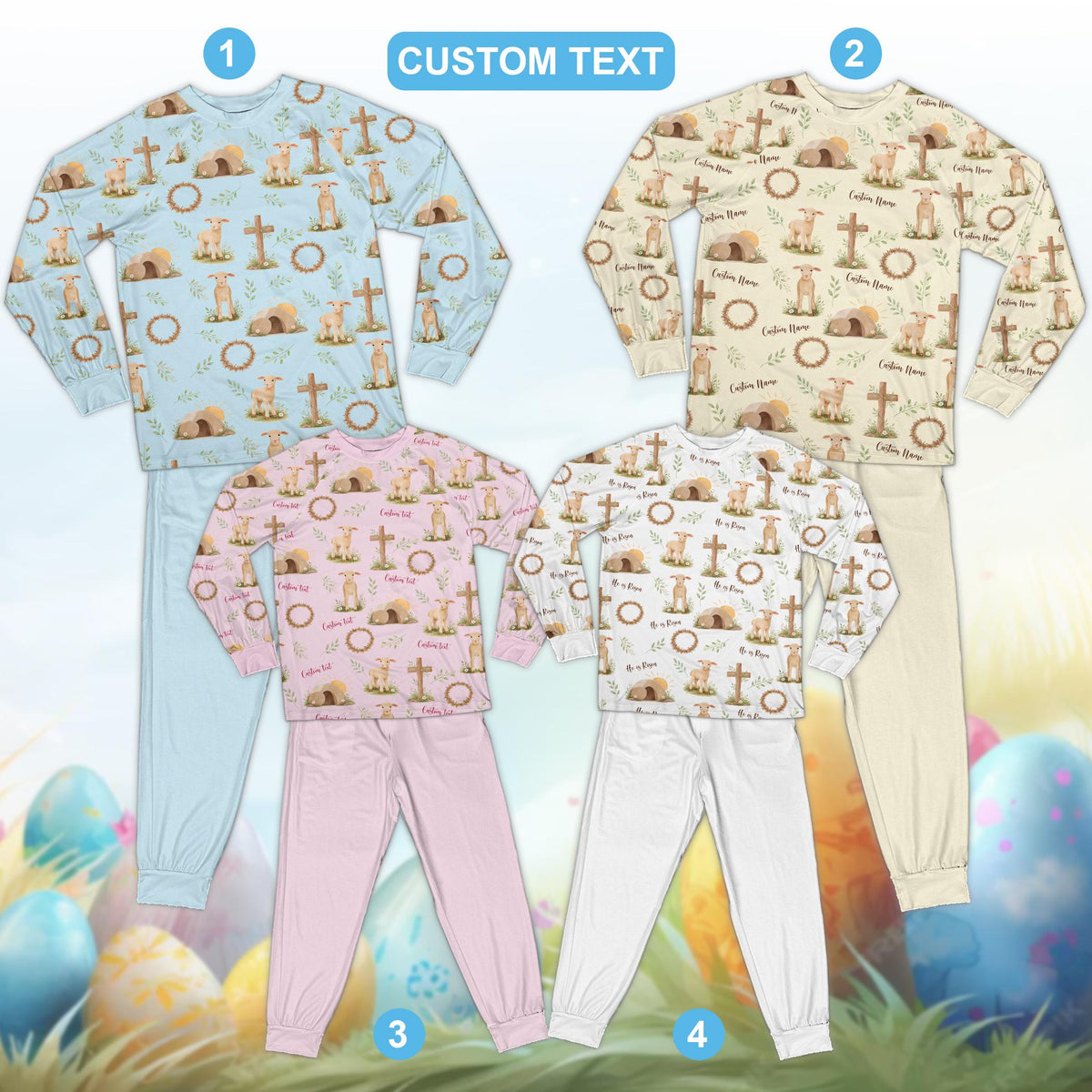 Matching family Easter pajama set featuring Christian motifs, front detail