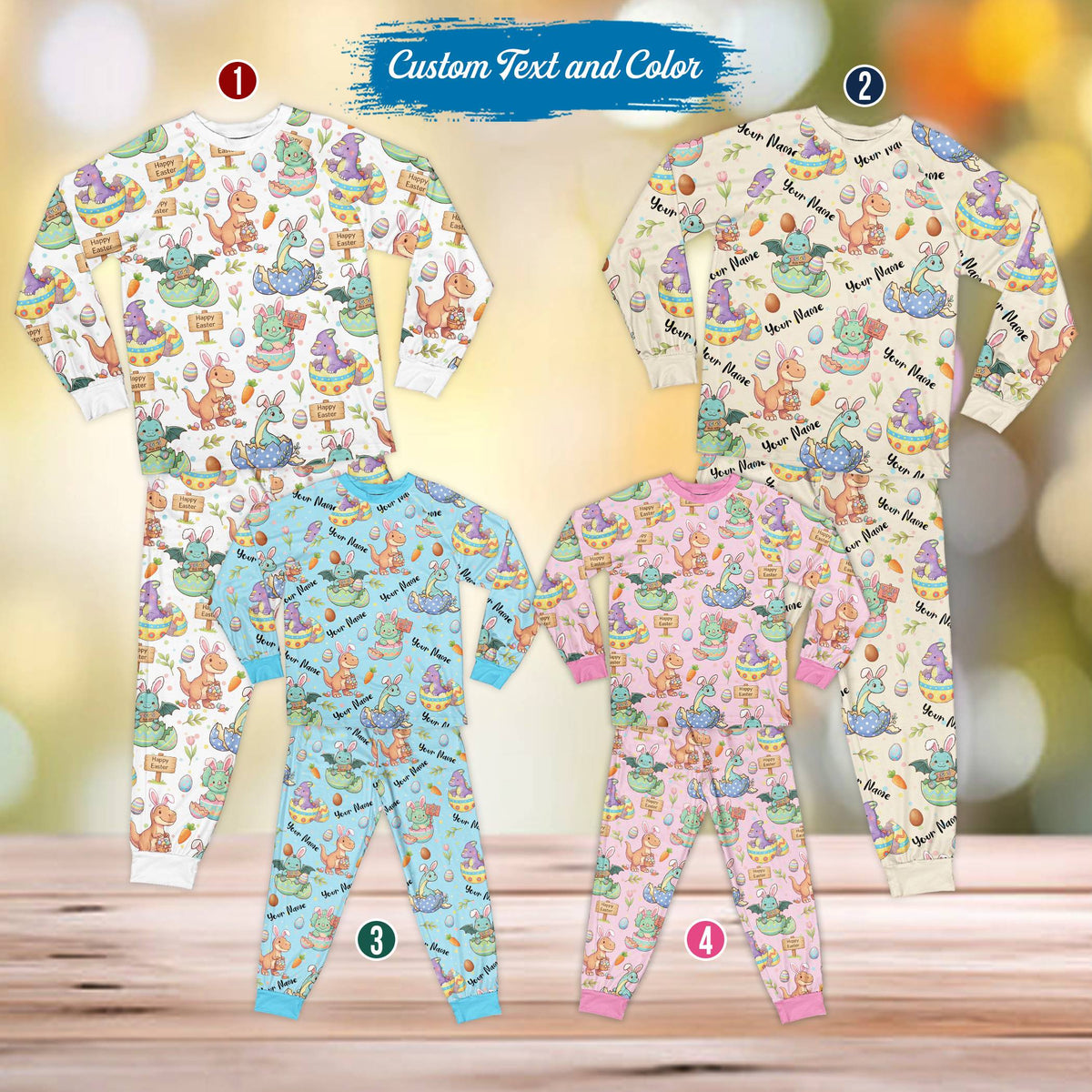 Front view of personalized easter pajama set with dinosaur and egg pattern