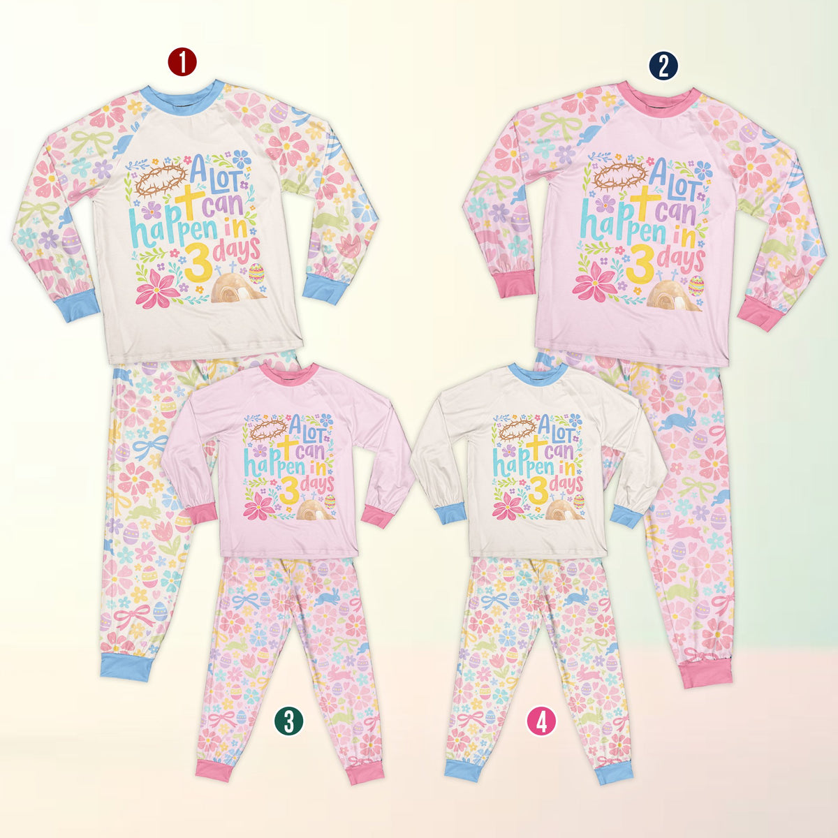 Front view of the white matching family pajamas showing the pastel Easter egg and bunny pattern