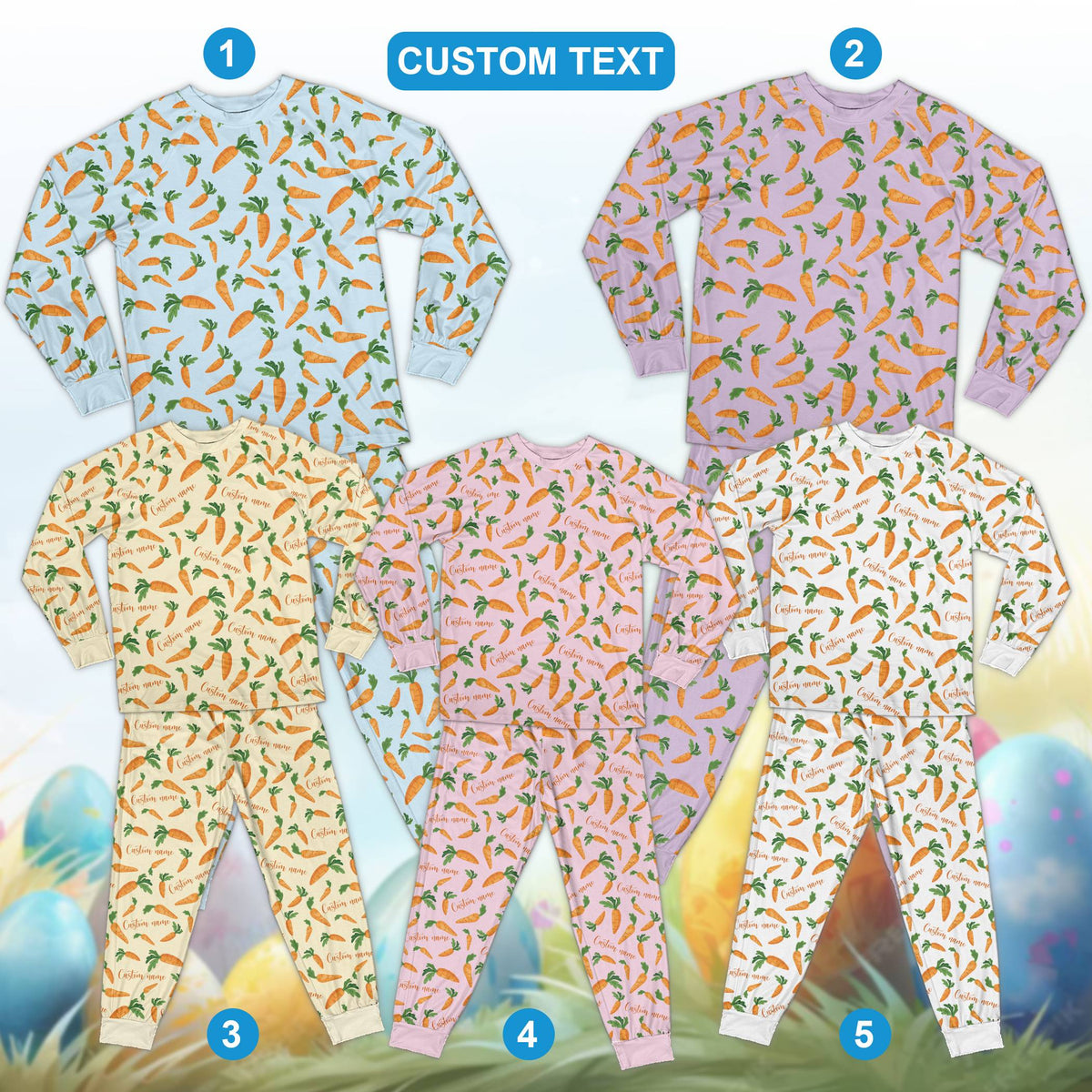 Front view of the personalized easter pajama set with carrot illustrations