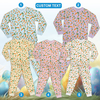 Front view of the personalized easter pajama set with carrot illustrations