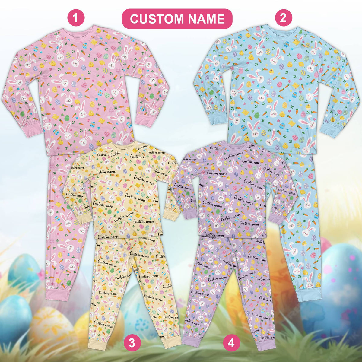 Front view of matching family holiday pajamas in yellow with easter design