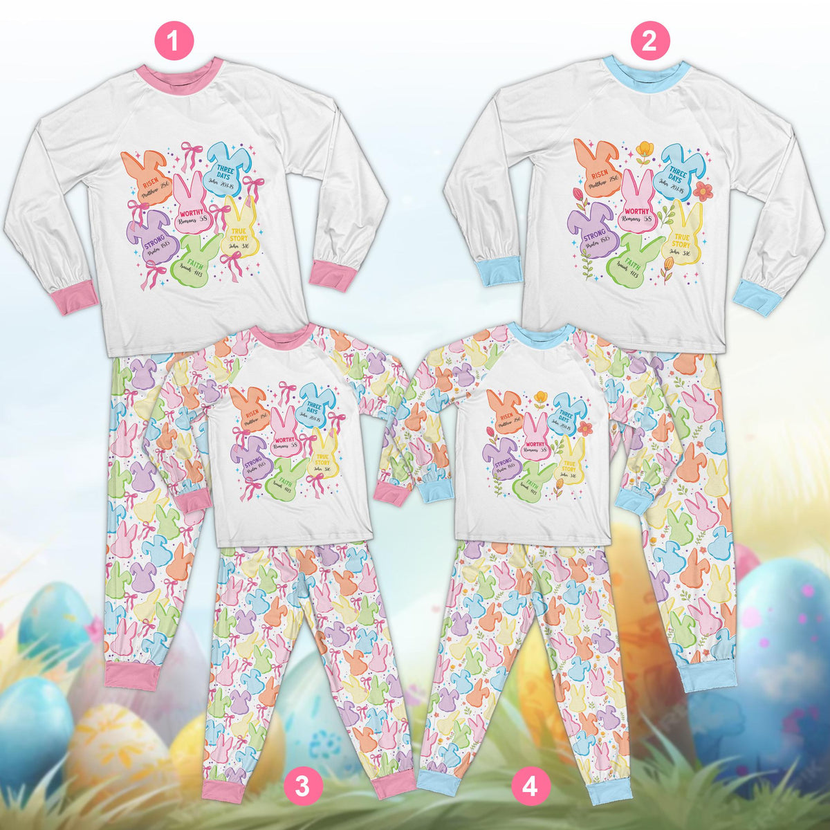 Front view of the Easter pajama set showing Risen and Worthy bunny graphics