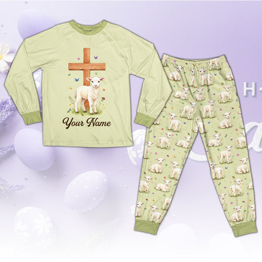 Matching family easter pajama set in green featuring a cross and cute lamb, main view