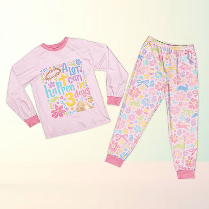 Front view of the pink variant of the easter pajama set