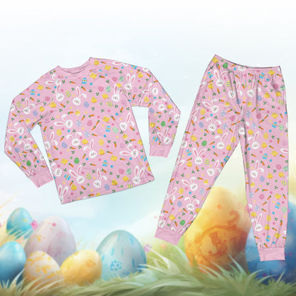 Front view of pink easter pajama set with custom name and number