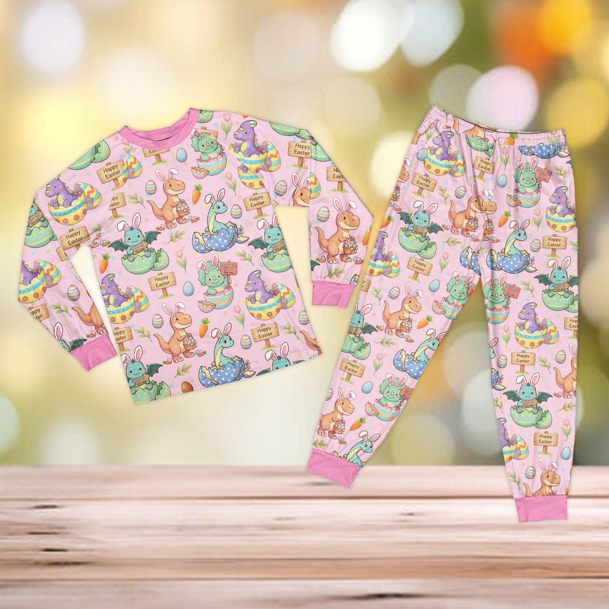 Pink background variation of the easter pajama set front view