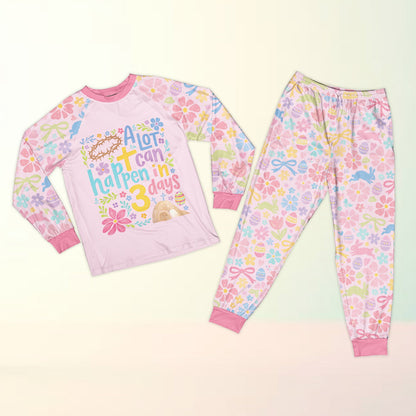 Another front view of the pink matching family pajamas highlighting the detailed spring flowers and bows