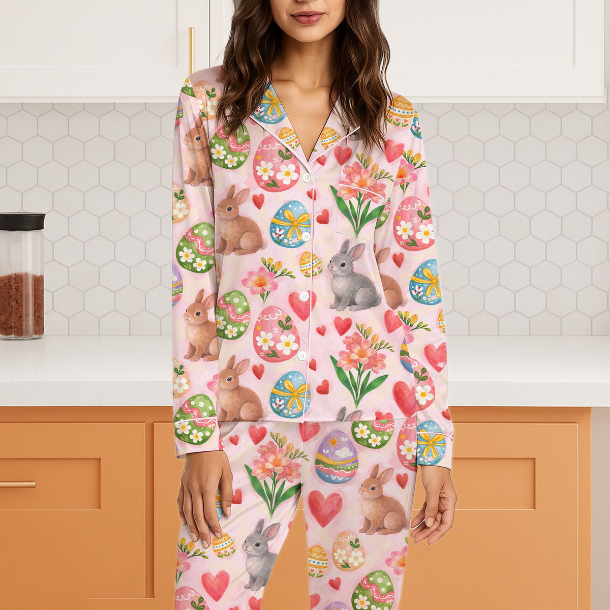 Another front view showcasing the watercolor bunny pattern on the pink pajamas