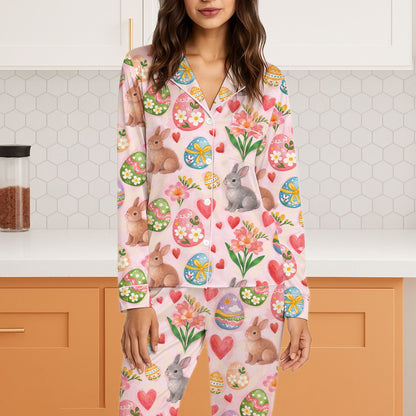 Another front view showcasing the watercolor bunny pattern on the pink pajamas
