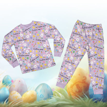 Front view of purple personalized easter pajama set featuring bunnies and eggs