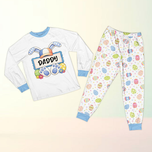 Family wearing personalized easter pajama set with bunny designs and custom names