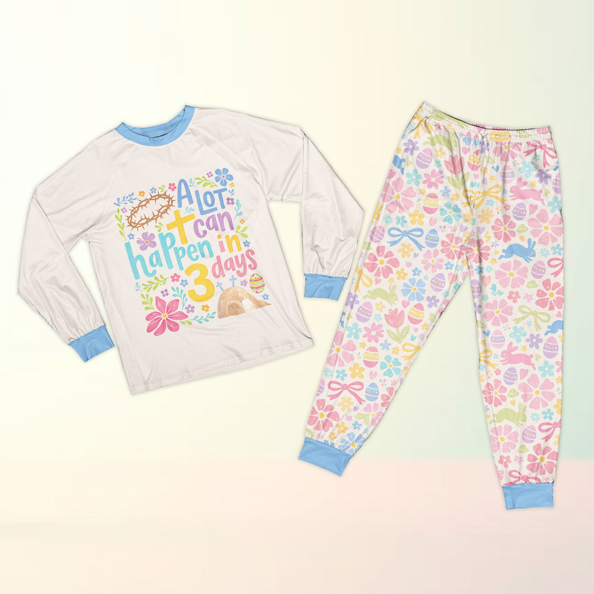 Main view of the matching family easter pajama set featuring the A Lot Can Happen in 3 Days design in white