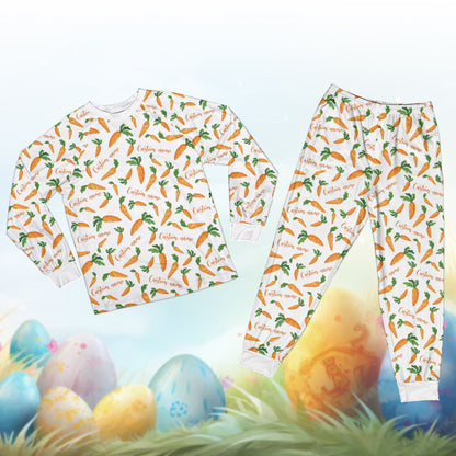 Family wearing the easter pajama set featuring an orange carrot pattern, main view