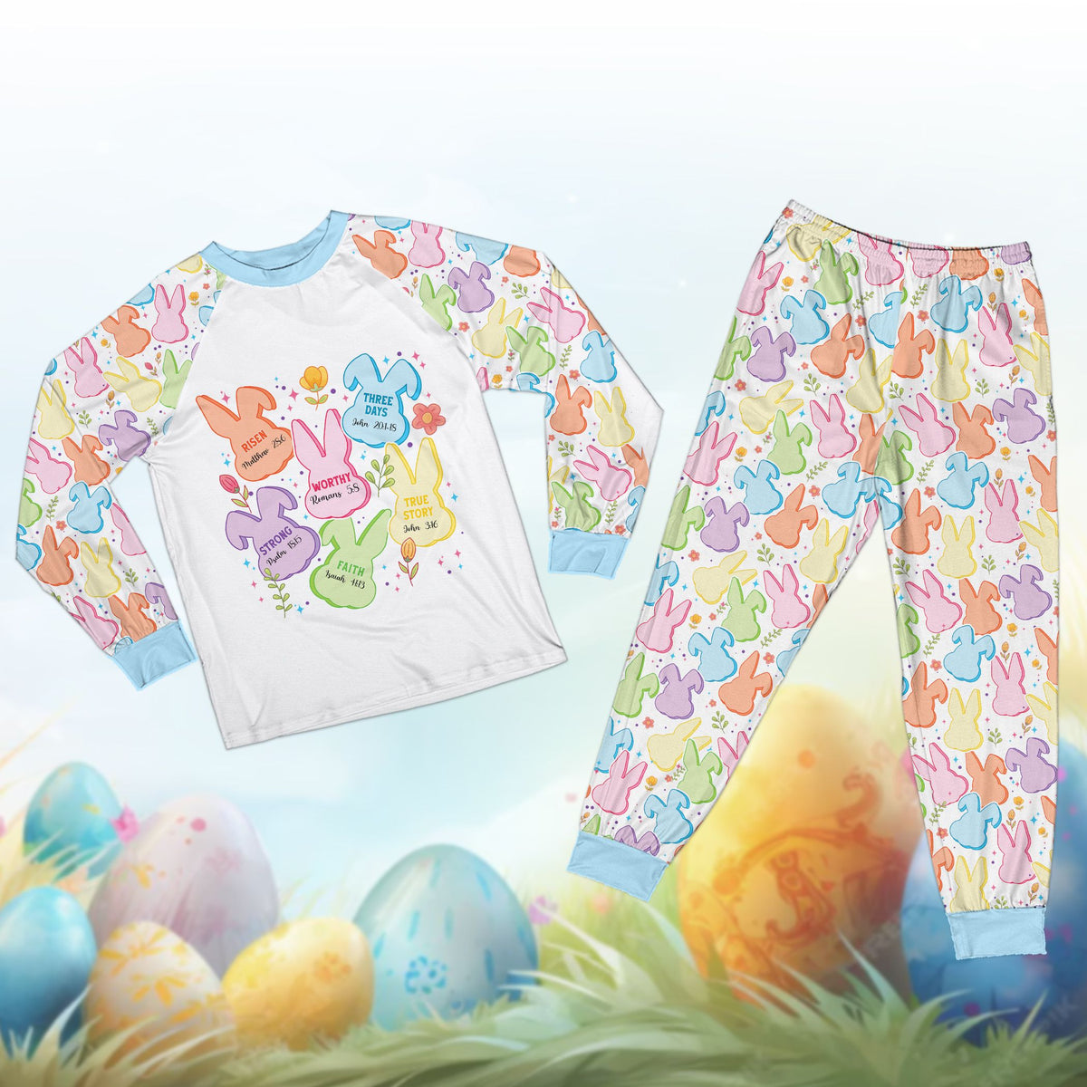 Close up of the matching family pajama set top with pastel bunny design