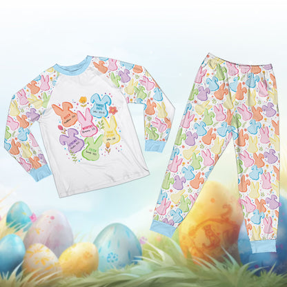 Close up of the matching family pajama set top with pastel bunny design