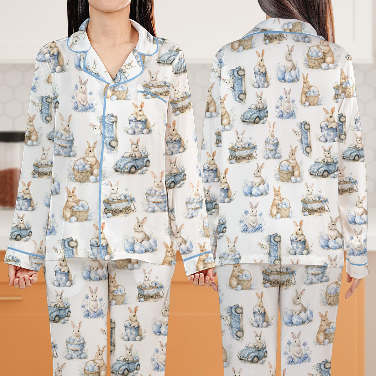 Close-up front view of the matching family pajama set showing watercolor bunny details