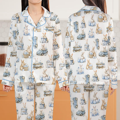 Close-up front view of the matching family pajama set showing watercolor bunny details