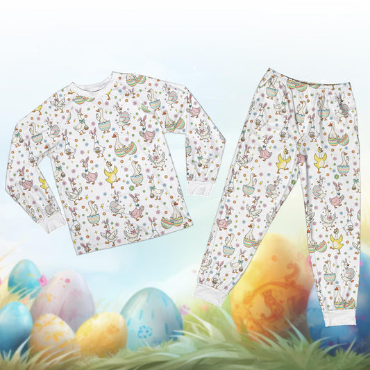 Easter pajama set featuring a multicolor geese and eggs pattern for holiday matching family pajamas