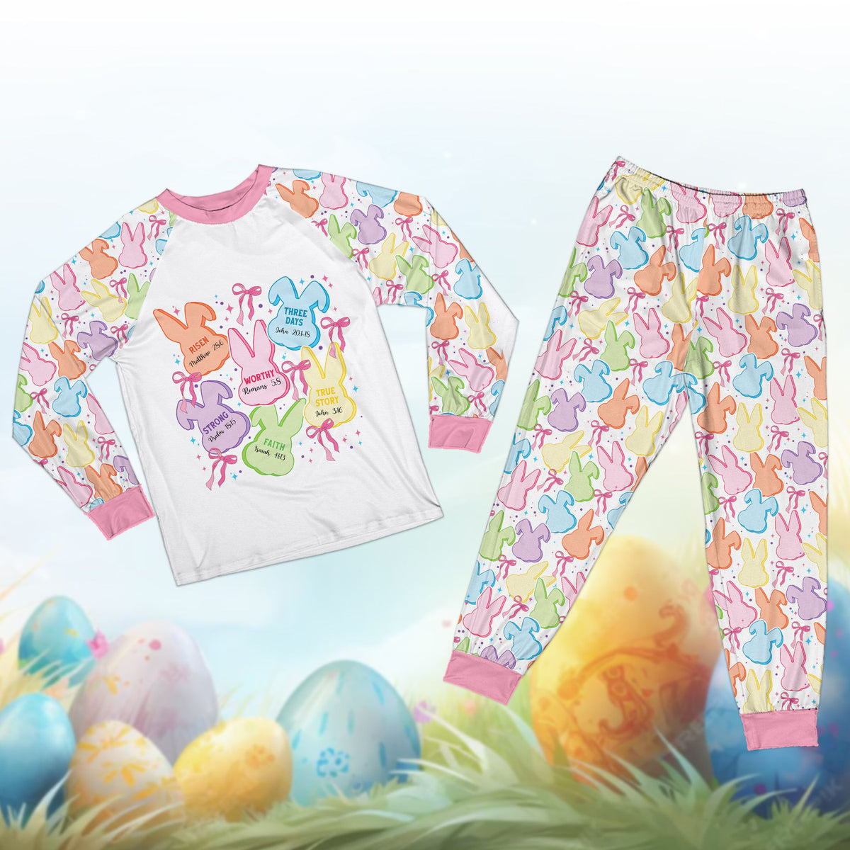 Pajama pants featuring all-over pastel bunny pattern for holiday matching family pajamas