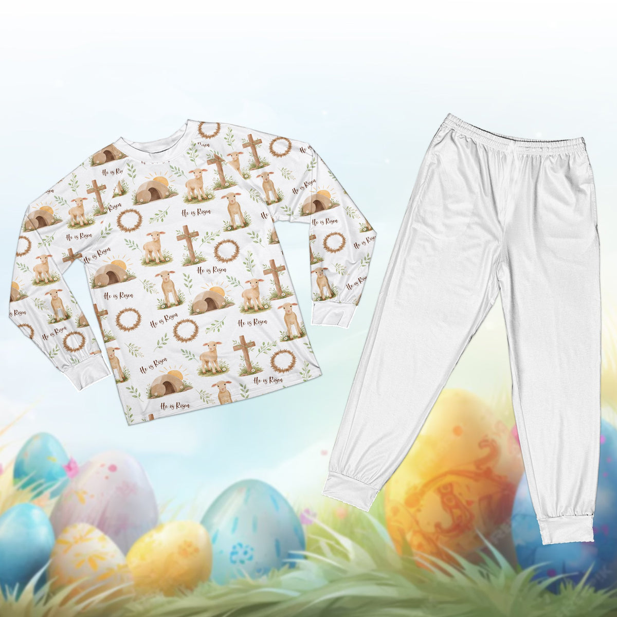 White customized Easter pajama set for family, front view