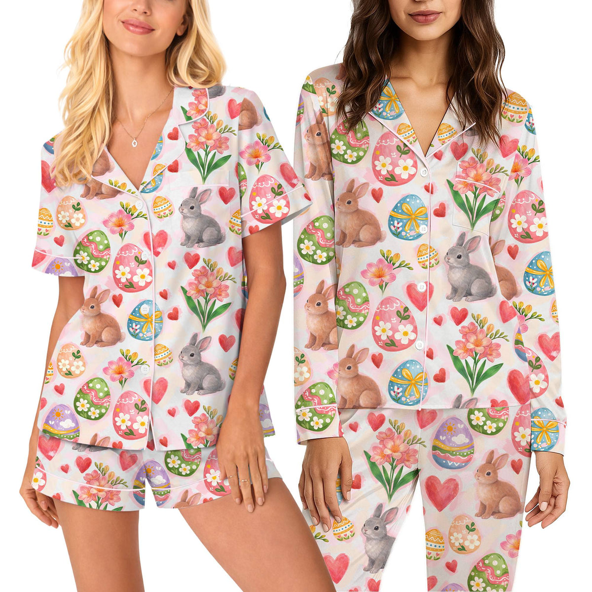 Front view of the Easter pajama set featuring the bunny pattern on a white background