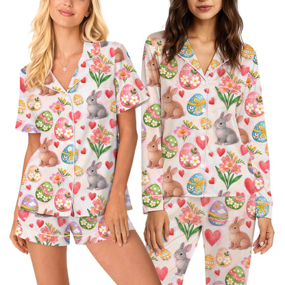 Front view of the Easter pajama set featuring the bunny pattern on a white background