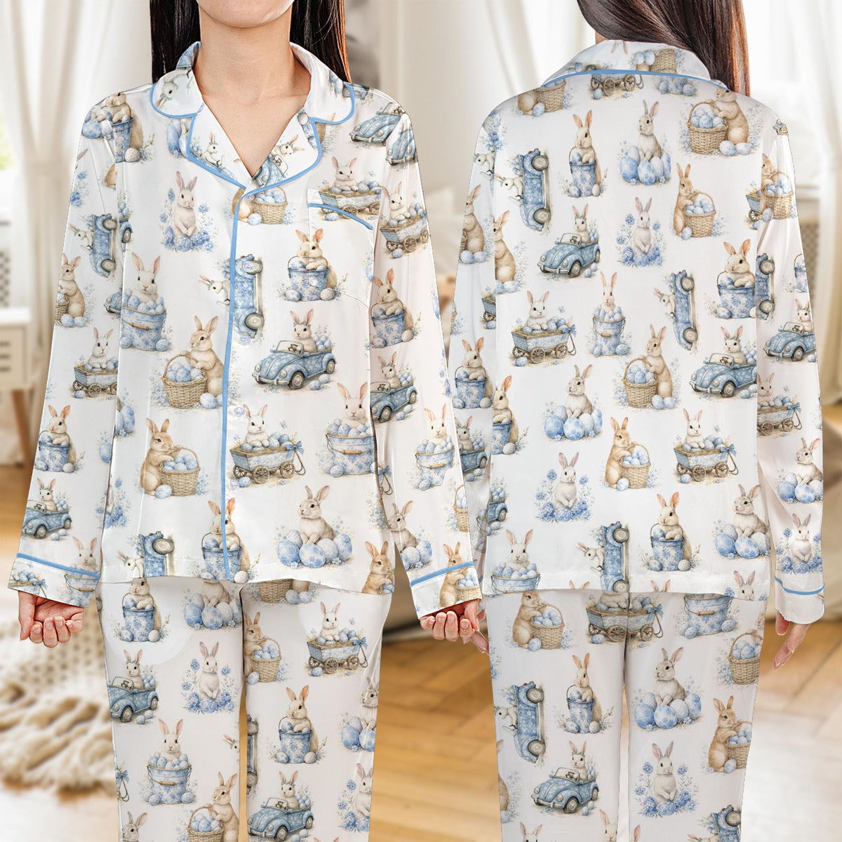 Easter pajama set featuring watercolor bunnies and blue eggs on a white background, front view