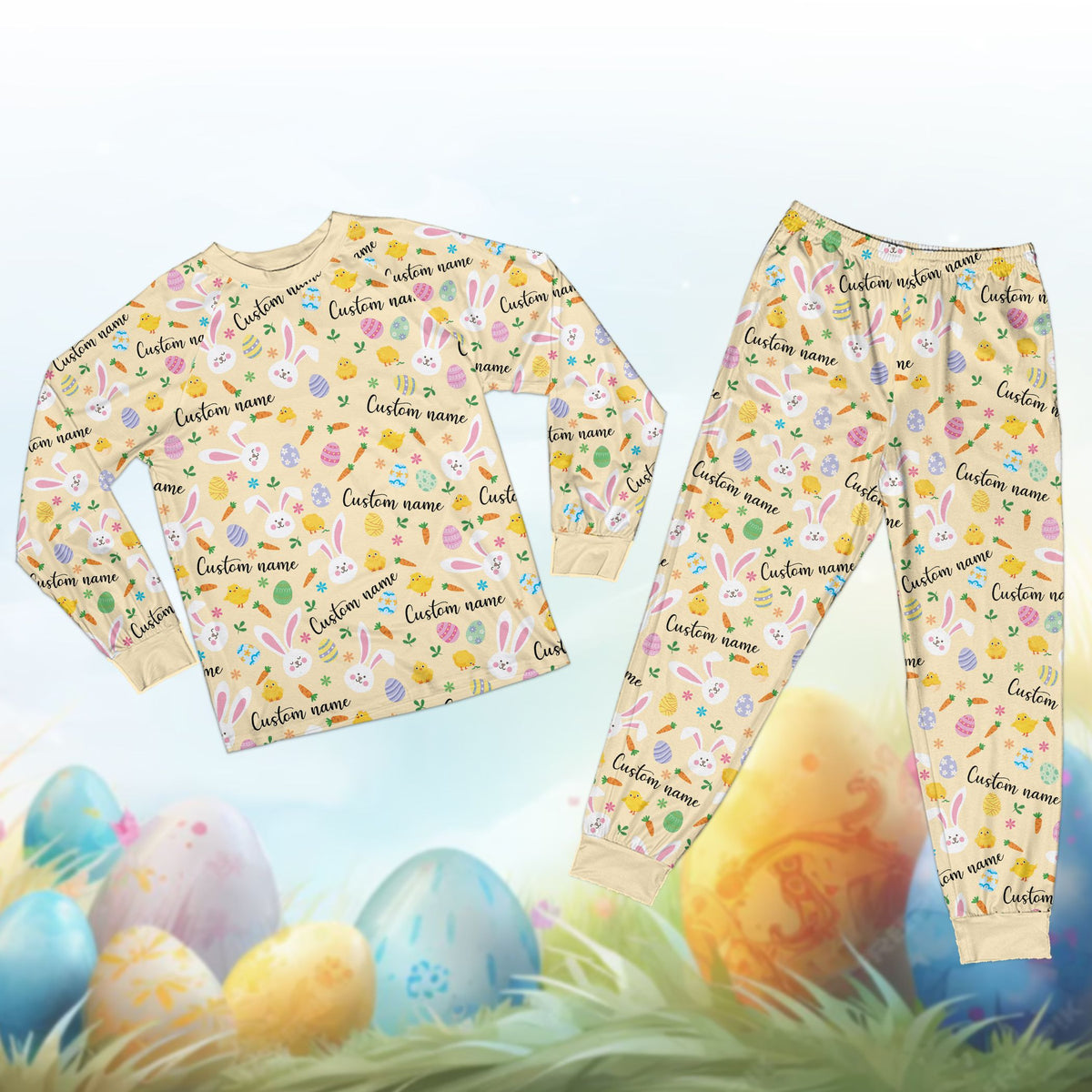Main view of personalized yellow easter pajama set for the matching family