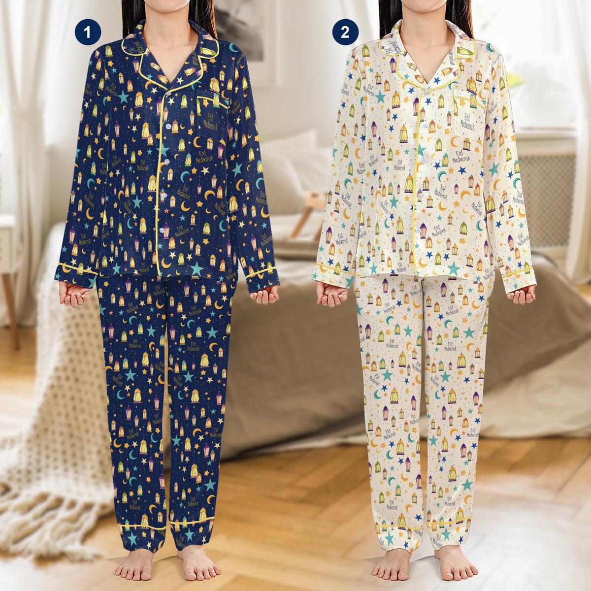 Front view of the Eid Mubarak pajama top showing the holiday pattern