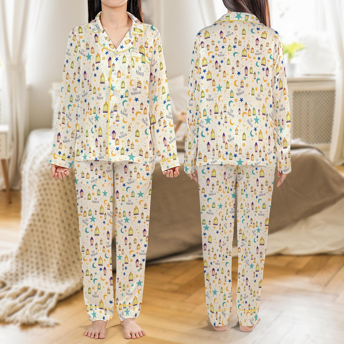 Front view of the white holiday matching family pajamas