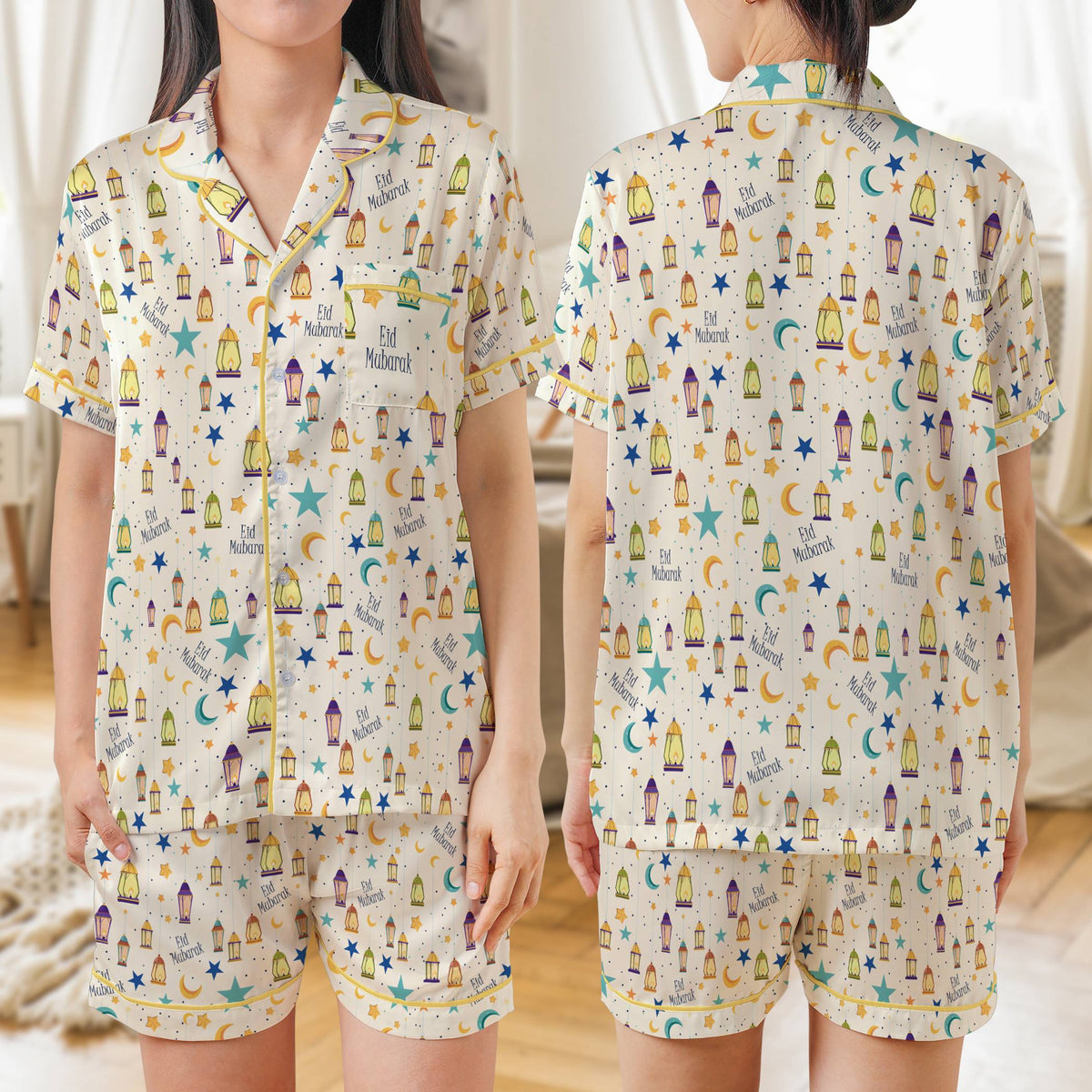 Another front view of the white Eid mubarak pajama set
