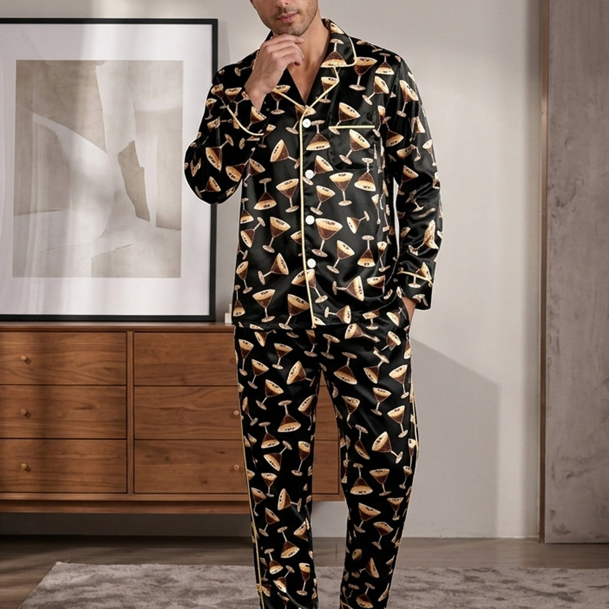 Main front view of the espresso martini pajama set in black for adults