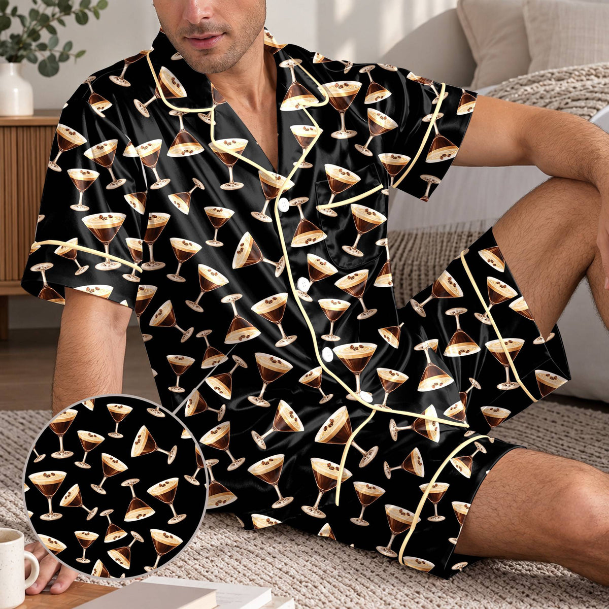 Fourth lifestyle view of the espresso martini pajama set lounging
