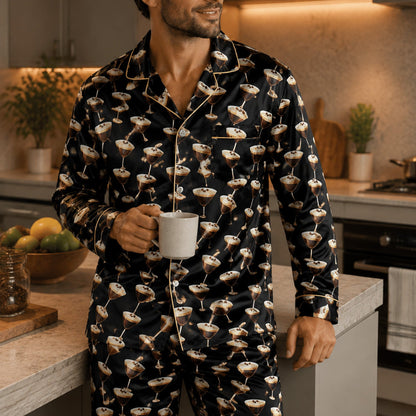Lifestyle view of an adult wearing the espresso martini pajama set