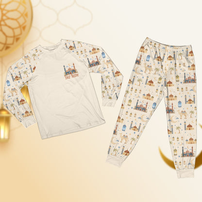 Beige and navy matching family pajamas featuring a faith design with mosques and stars.
