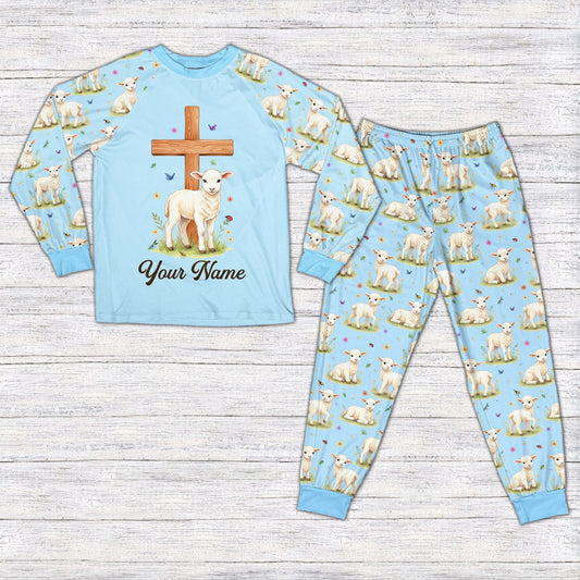Faith pajama set in blue featuring a lamb and cross design, matching family layout