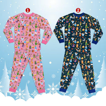 Family members wearing blue faith pajama set with nativity pattern, lifestyle view