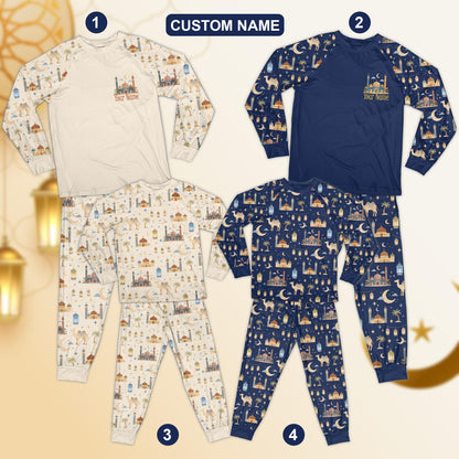 Front view of a personalized faith pajama set with custom name and number.