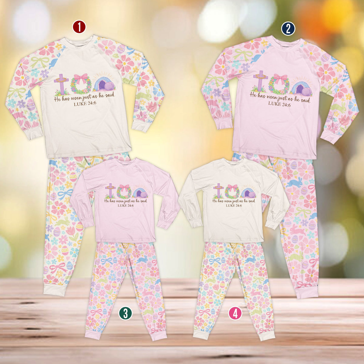 Faith pajama set top with cross, empty tomb, and Luke 24:6 graphic, front view