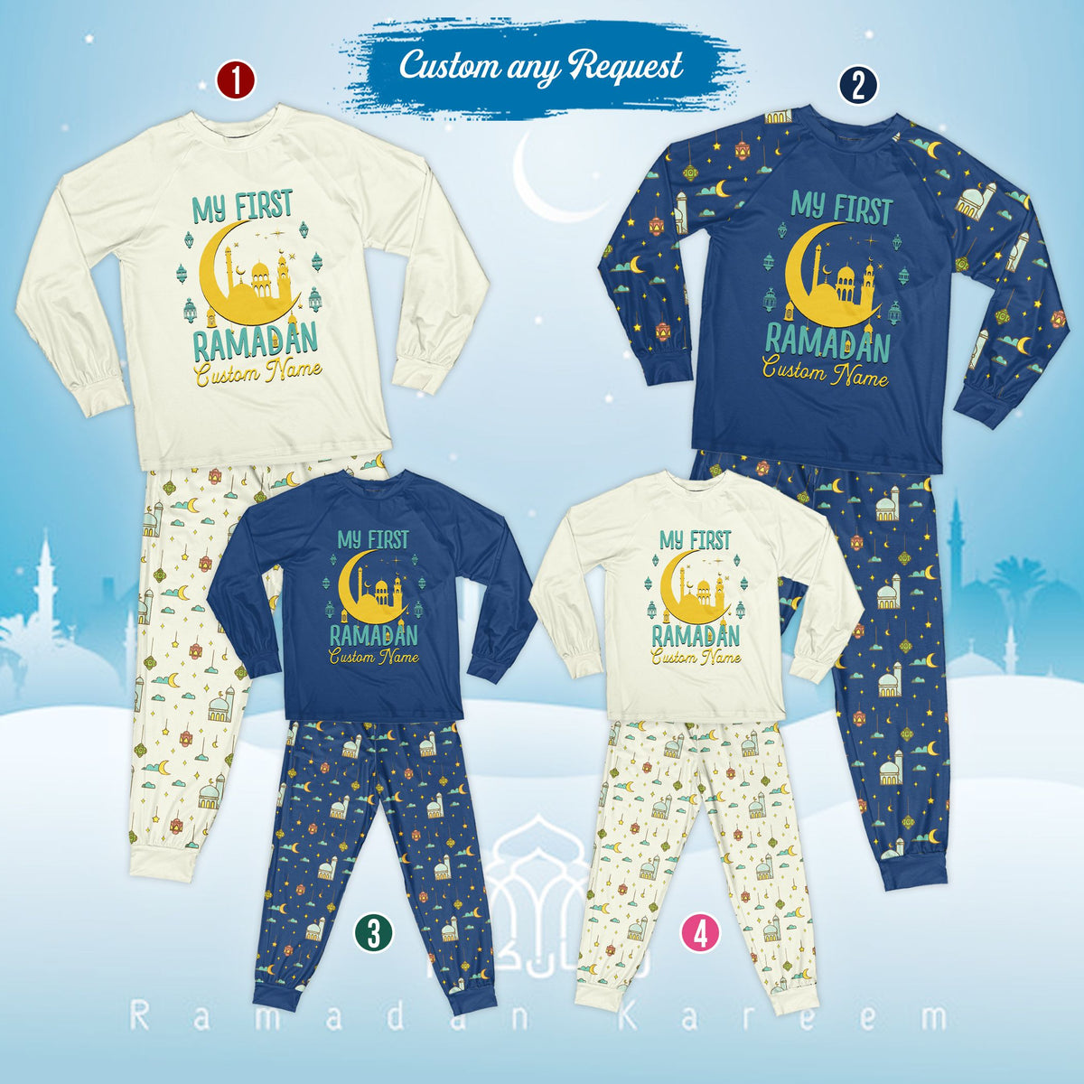 Front view of the faith pajama set top featuring moon and mosque design