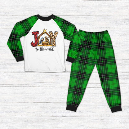 Front view of faith pajama set top with nativity design and green sleeves