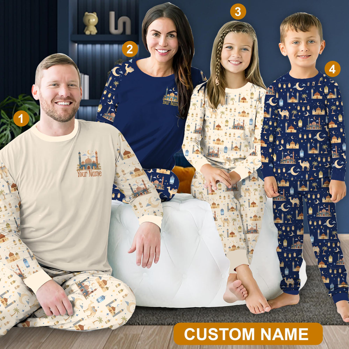 Family wearing their matching family pajamas with faith themes in a comfortable lifestyle setting.