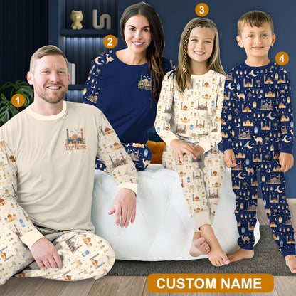 Family wearing their matching family pajamas with faith themes in a comfortable lifestyle setting.