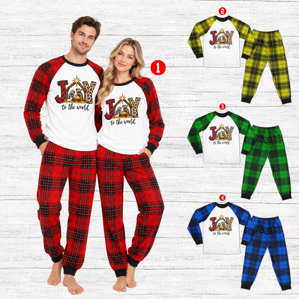 Lifestyle view of a family wearing the Joy to the World faith pajama set