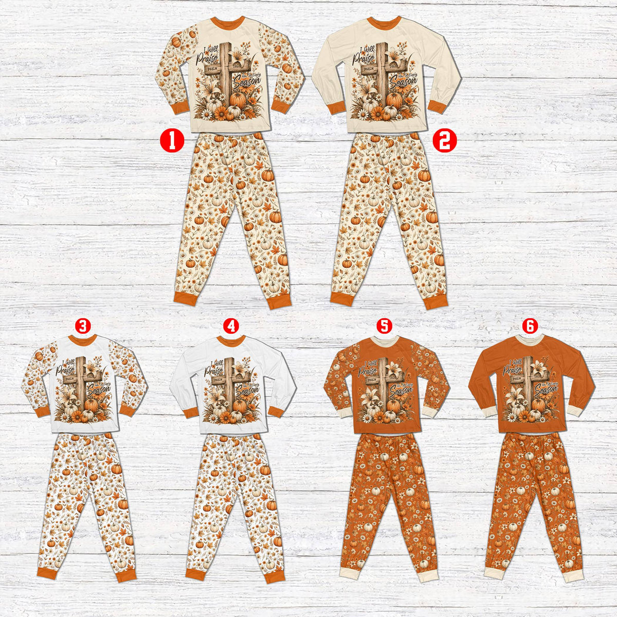 Front view of the faith pajama set with autumn leaves pattern