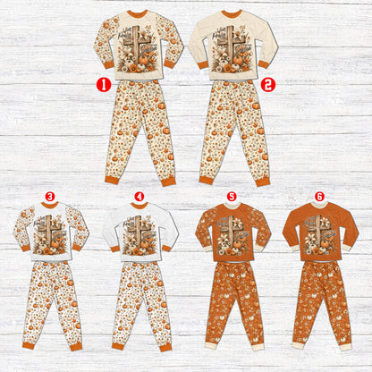 Front view of the faith pajama set with autumn leaves pattern