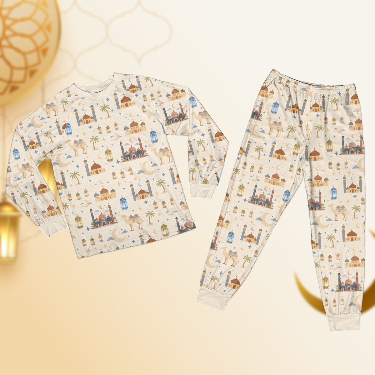 Multicolor front view of the faith pajama set showing detailed lantern and camel patterns.