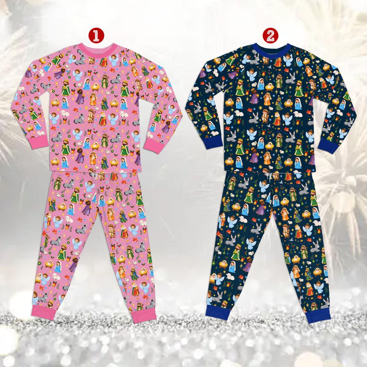 Group lifestyle shot of the matching family pajama set with multicolor nativity pattern